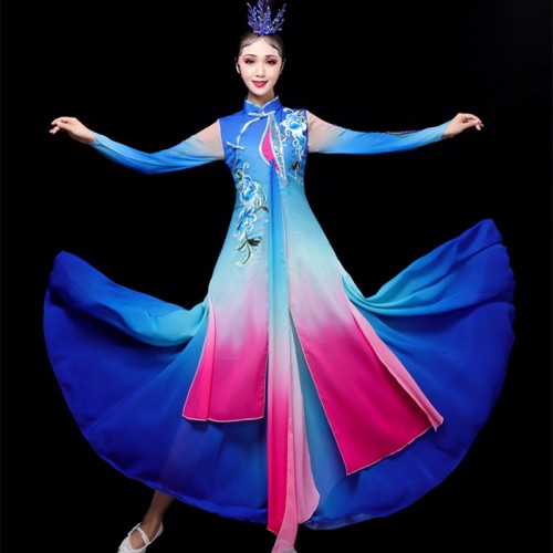 Royal blue with pink Chinese Classical dance costumes for women cheongsam fan dance costume Jiangnan Umbrella yangko Dance Performance Costume